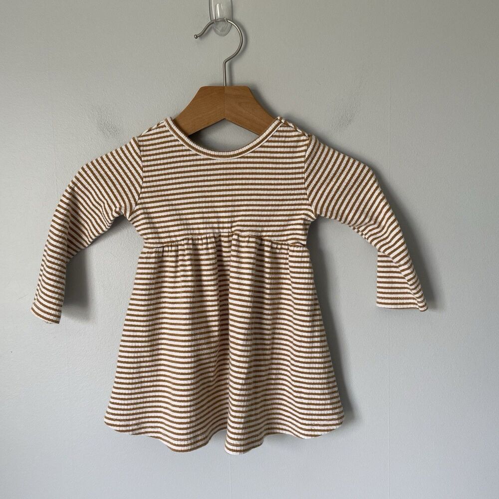 Quincy Mae Ribbed Striped Shirt Dress Brown Cream Cotton Baby Girl Size 6-12mo